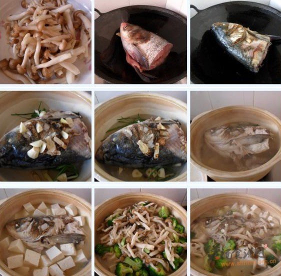 蟹味菇鱼头豆腐煲的做法